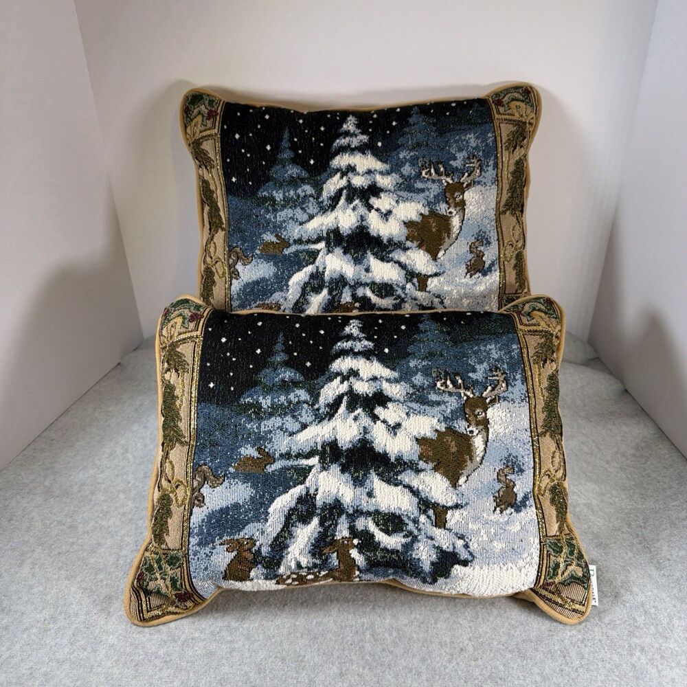 Vintage Set Of 2 Riverdale Tapestry Christmas Pillows Whispering Pines Deer